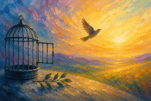 Open birdcage and flying bird at sunrise in a vibrant oil painting, symbolizing freedom, renewal, and the ease of letting go.