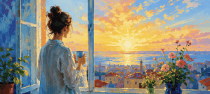 Woman looking out window at sunrise, symbolizing hope after a long period of waiting and uncertainty.