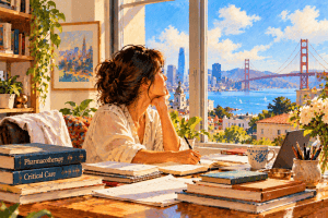 Woman contemplating a career change from pharmacy to writing, with medical books, pastries, and an open notebook beside her.