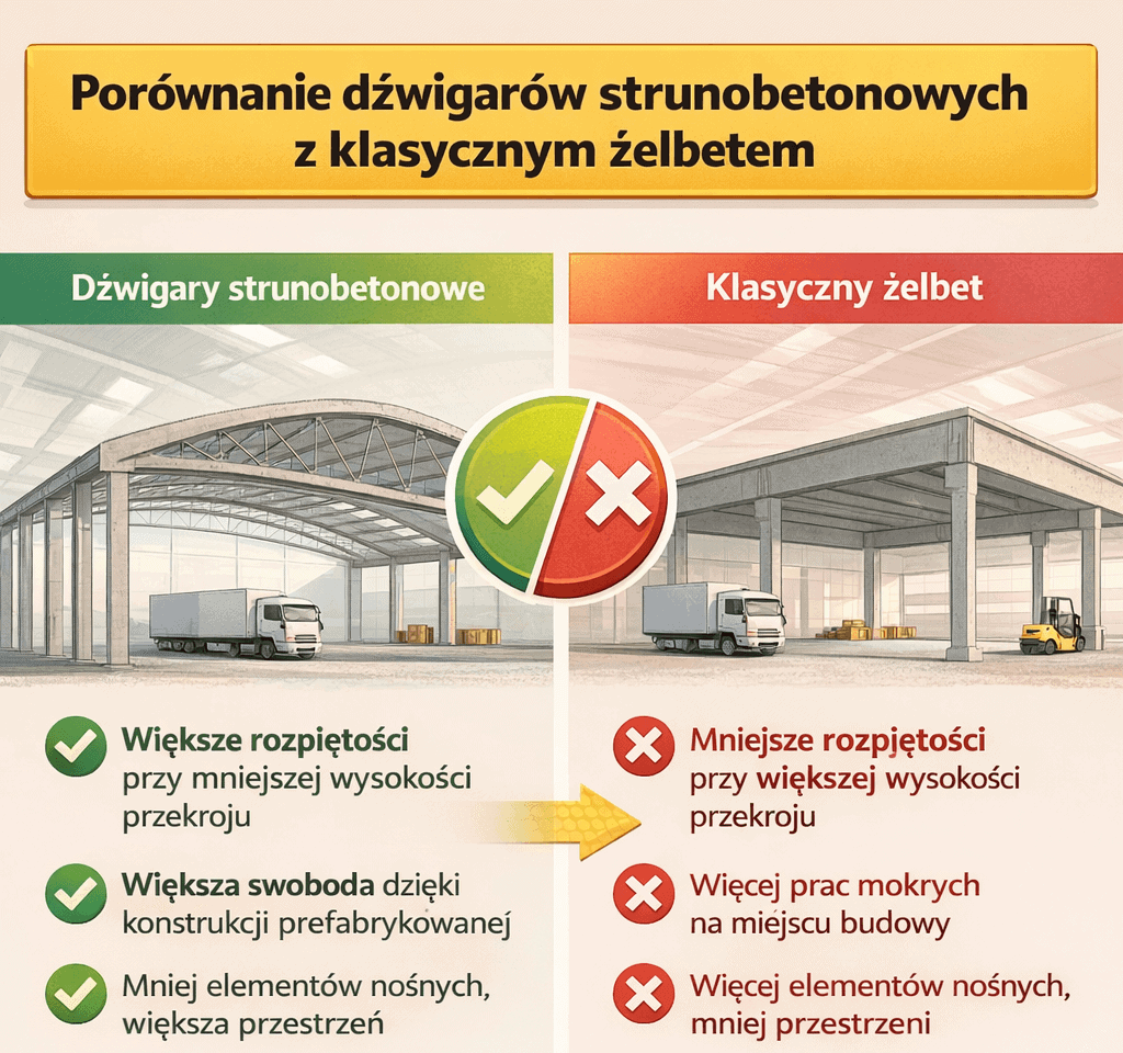 Dźwigary strunobetonowe - porównanie z klasycznym żelbetem