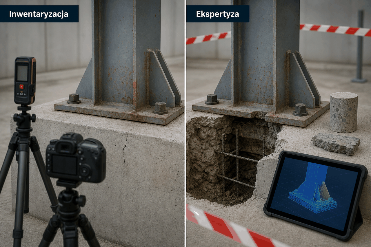 Pomiar słupa i uszkodzeń zestawiony z badaniami oraz analizą potrzebną do ekspertyzy technicznej.