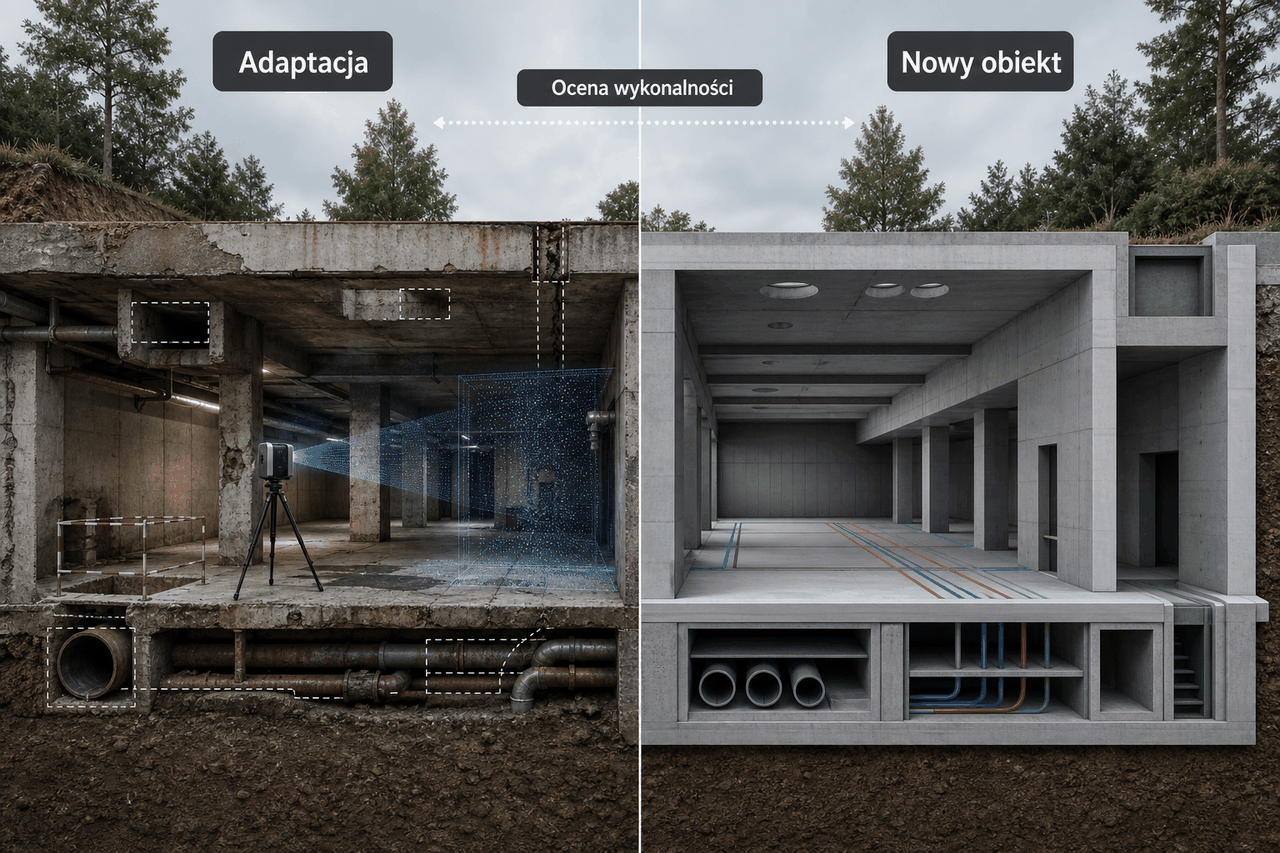 Adaptacja wymaga badań istniejącej konstrukcji, a nowe ukrycie pozwala koordynować układ od początku.