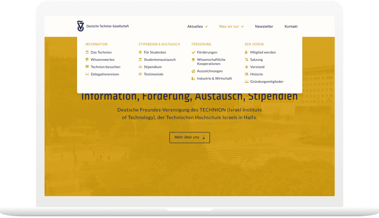 Mega-Menü Navigation mit Links zu Technion-Informationen, Stipendien, Förderung und dem Verein.
