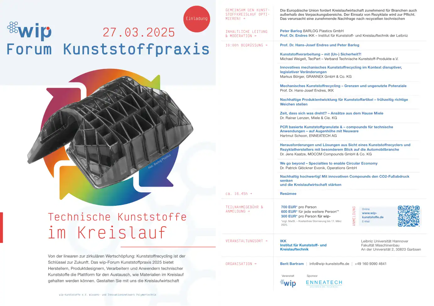 Beide Seiten des Flyers im Überblick: links die Vorderseite mit Logo, Datum und Kreislauf-Motiv; rechts die Programmseite mit Agenda, Referentenliste, Teilnahmegebühren, Veranstaltungsort (IKK, Leibniz Universität Hannover) und Anmeldeinformationen.