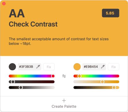 Screenshot eines Kontrast-Check-Tools, das die Barrierefreiheit von Farbkombinationen bewertet. Es zeigt zwei Beispiele für gut lesbare, kontrastreiche Farbpaare, die den Richtlinien für barrierefreie Websites (WCAG) entsprechen – dunkler Text auf hellem Hintergrund. Die Farbkombinationen erhalten eine Gesamtbewertung von 5,85 von 7 Punkten.