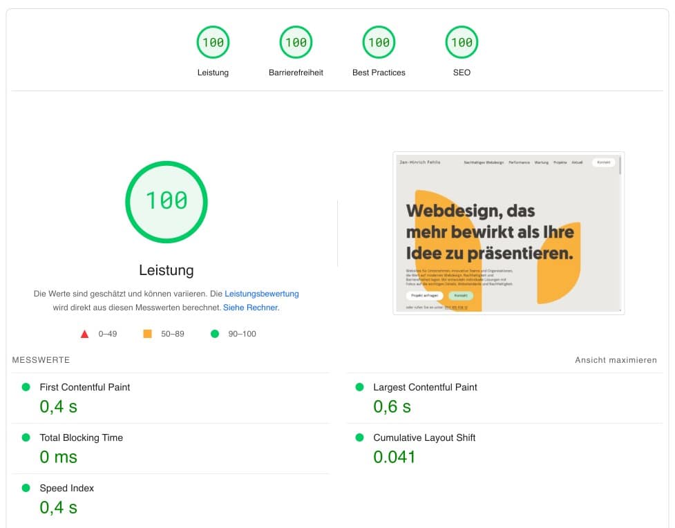Screenshot einer PageSpeed Insights Analyse von janfehlis.de: Alle vier Hauptkategorien (Leistung, Barrierefreiheit, Best Practices und SEO) erreichen die Höchstpunktzahl von 100. Die detaillierten Performance-Metriken zeigen: First Contentful Paint 0,4 s, Total Blocking Time 0 ms, Speed Index 0,4 s und Largest Contentful Paint 0,6 s. Die analysierte Seite zeigt den Claim: „Webdesign, das mehr bewirkt als Ihre Idee zu präsentieren".
