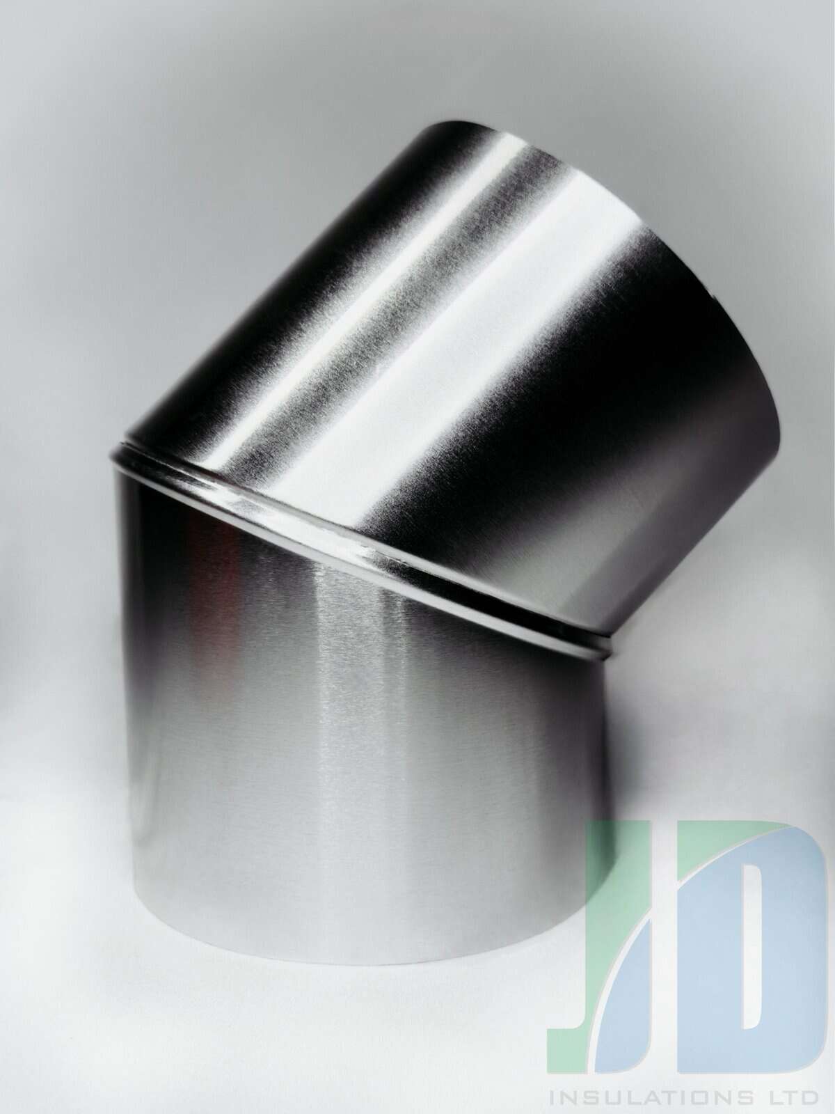 Stainless steel pipe elbow connector on white background.