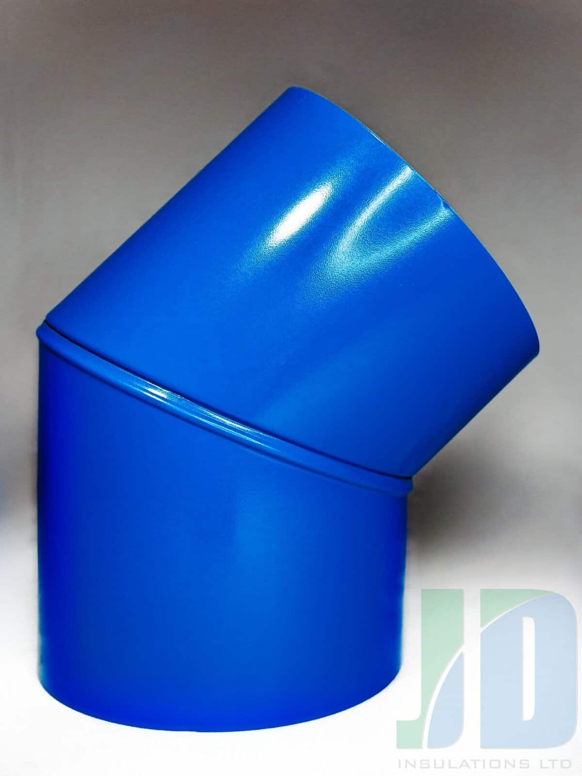 Blue industrial pipe fitting, JD Insulations logo visible.