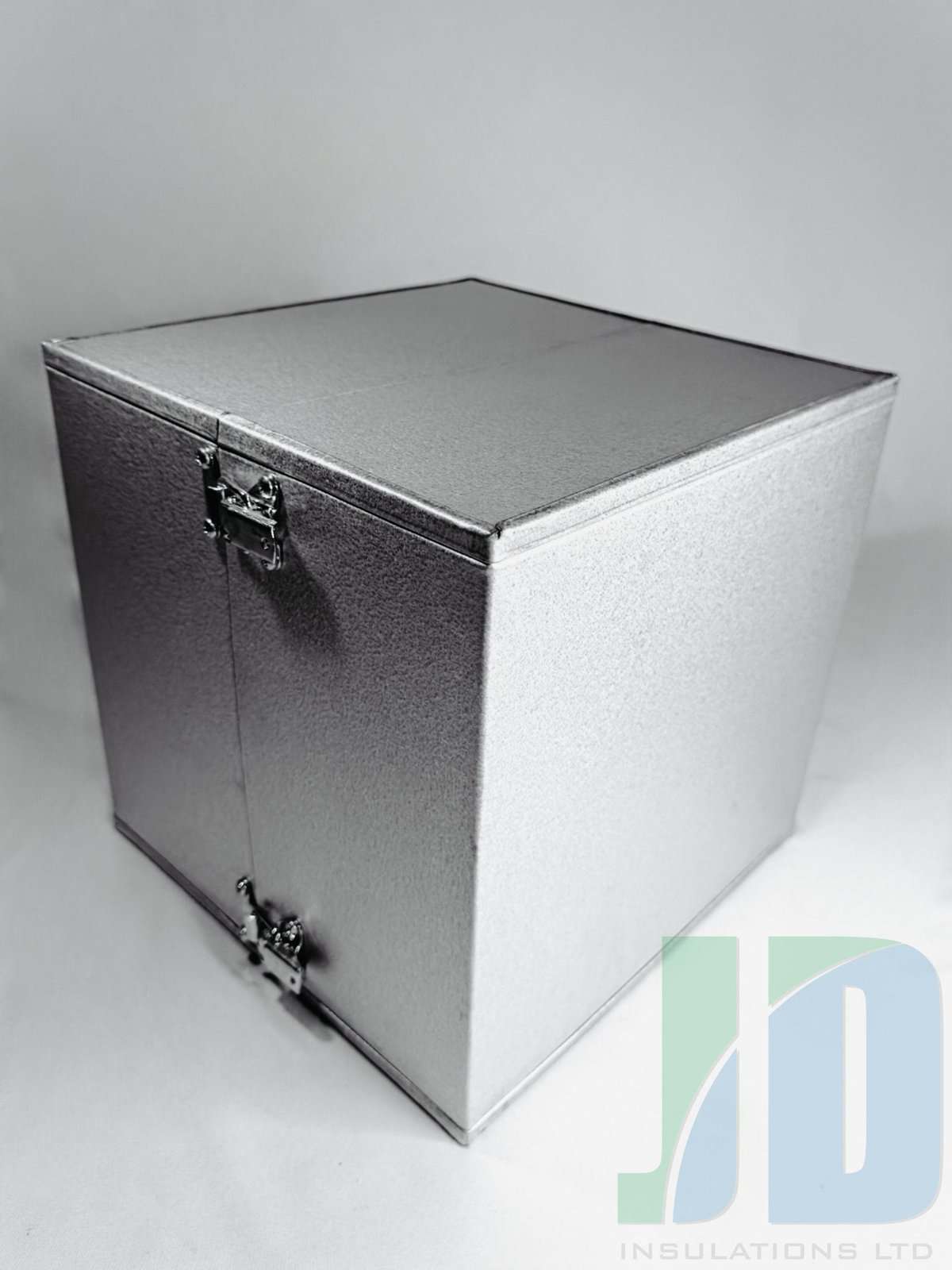 Silver metal insulation box with latch.