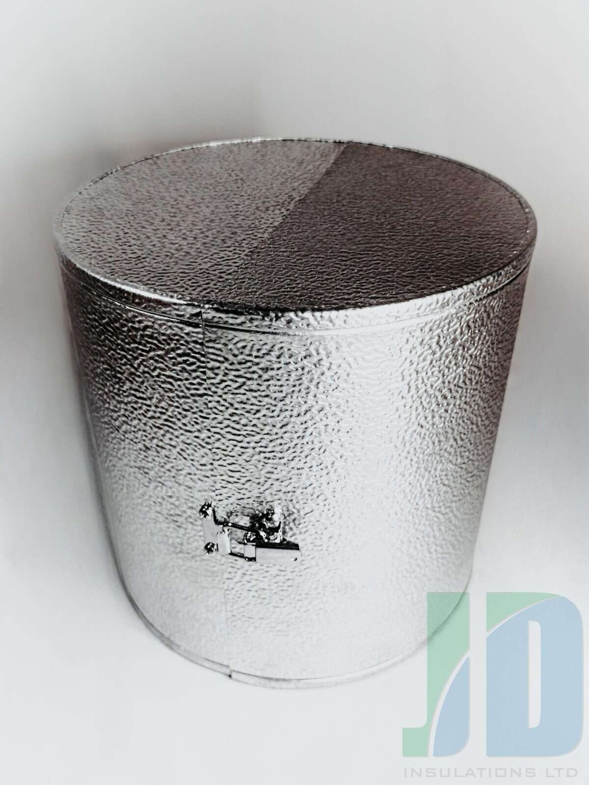 Silver insulated cylinder with JD Insulations logo.