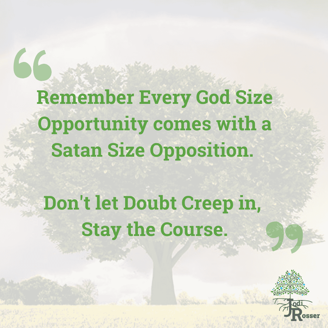 Motivational quote about God's opportunities and Satan's opposition with a tree background.