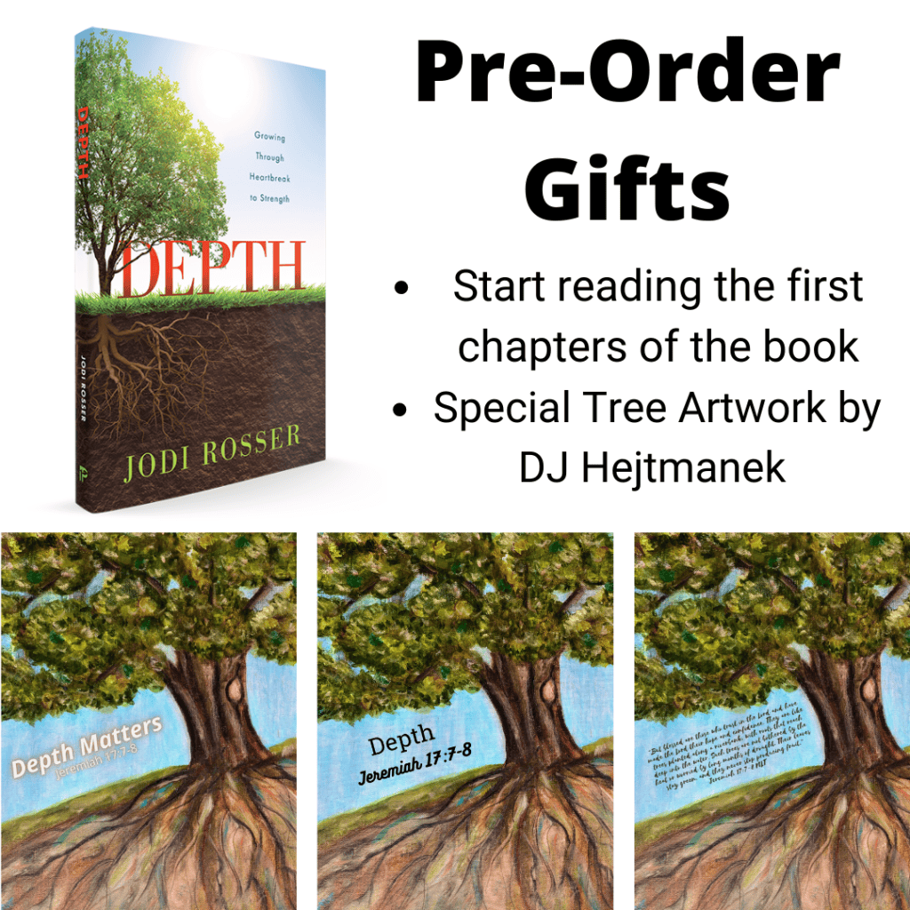 Book cover of Depth by Jodi Rosser with tree artwork and roots.