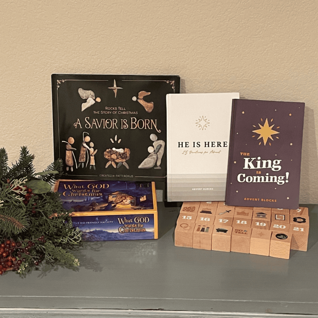 Religious Christmas books and Advent calendar for holiday faith traditions.
