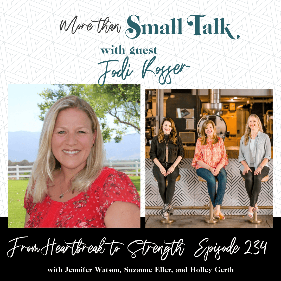 Jodi Snowdon, podcast guest, smiling outdoors with two women in a studio setting.