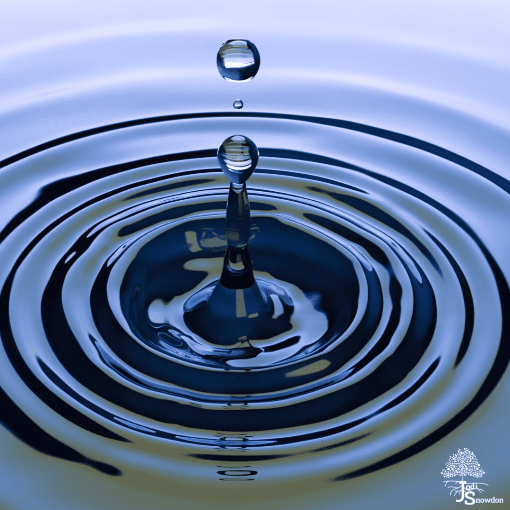 Close-up of a water droplet creating ripples in water.