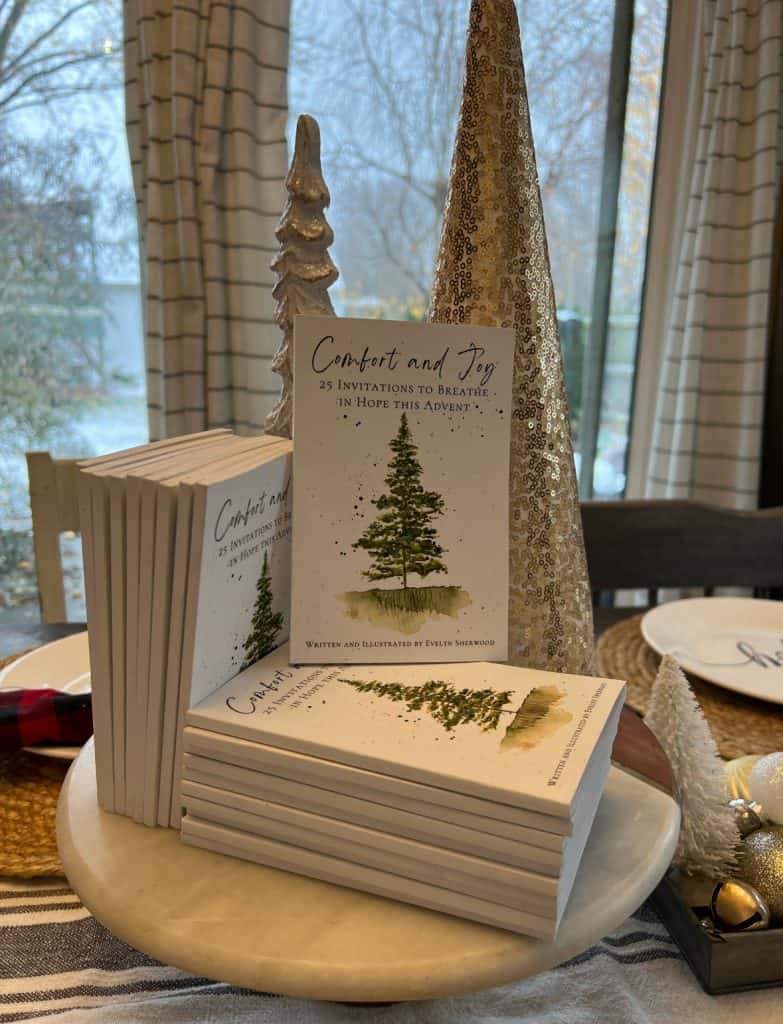 Christmas book titled 'Comfort and Joy' with a pine tree illustration.