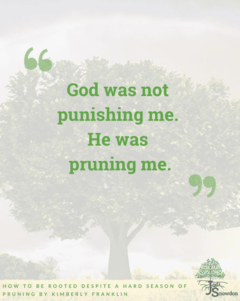 Inspirational quote about growth and pruning with a tree background.