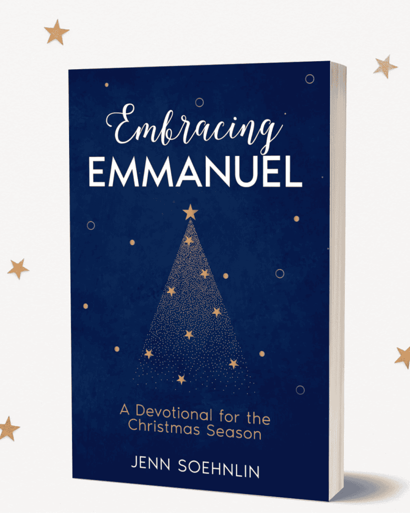 Embracing Emmanuel Christmas devotional book cover with starry design.