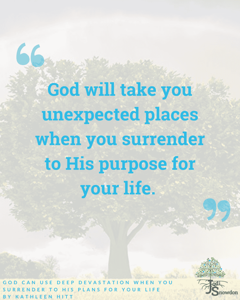 Quote about God's guidance during difficult times with a tree background.