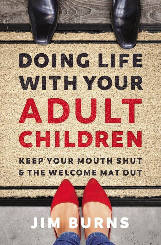 Book cover with shoes on a welcome mat about adult children.