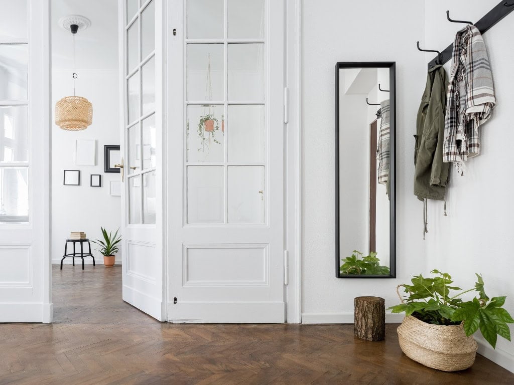 Entryway with coat hooks, mirror, and potted plant in a bright, airy home.