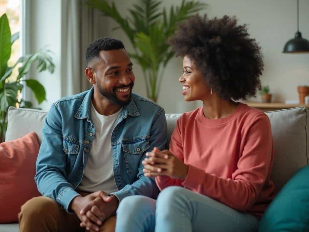 Happy couple talking and smiling at home, fostering strong relationships.
