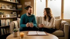 Couple in therapy session with counselor notes