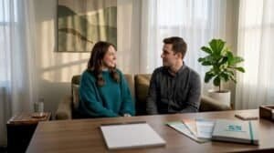 Engaged couple in counseling office chatting