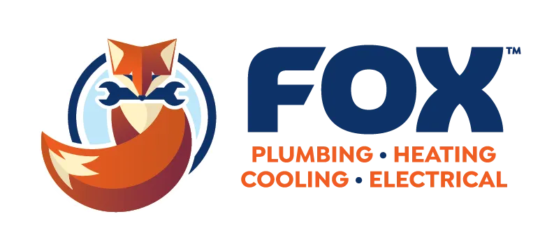 Logo featuring a fox holding two blue wrenches, next to text: "FOX Plumbing - Heating - Cooling - Electrical" with "Cooling" crossed out.