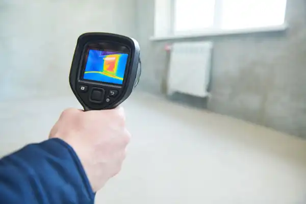 A person holds a thermal imaging camera displaying a heat signature of a radiator in an empty room with gray walls, demonstrating advanced leak detection Kamloops BC solutions.