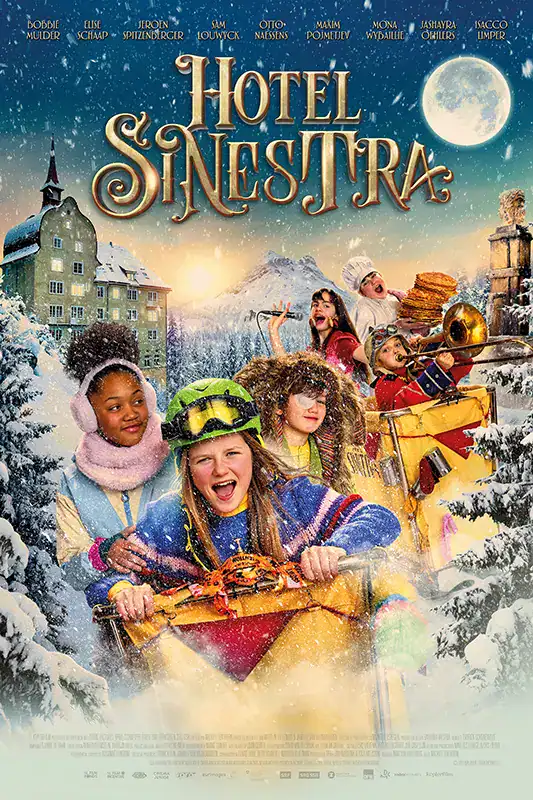 Family enjoying winter activities at Hotel Sinestra in a snowy mountain setting.