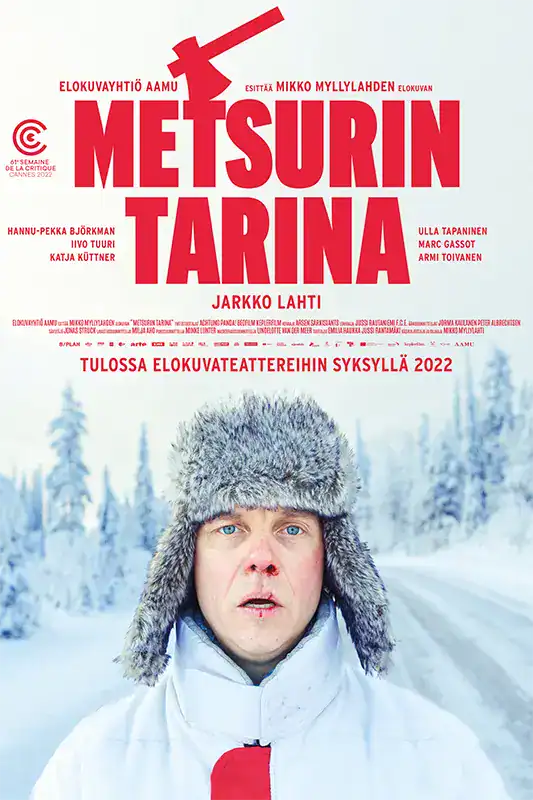 Finnish winter film poster featuring a man in a fur hat in snowy landscape.