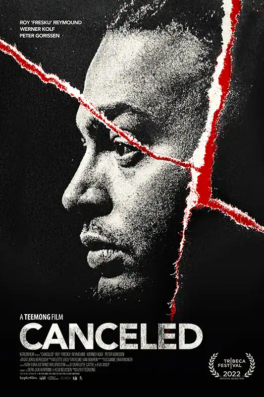 Canceled movie poster with torn paper effect and black-and-white portrait.
