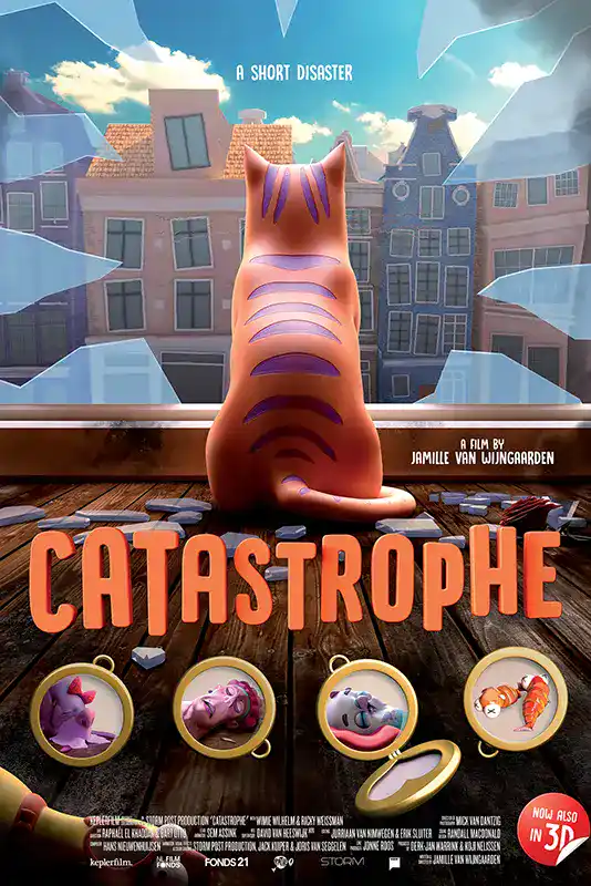 Animated short film poster featuring a cat looking out a window at a cityscape.