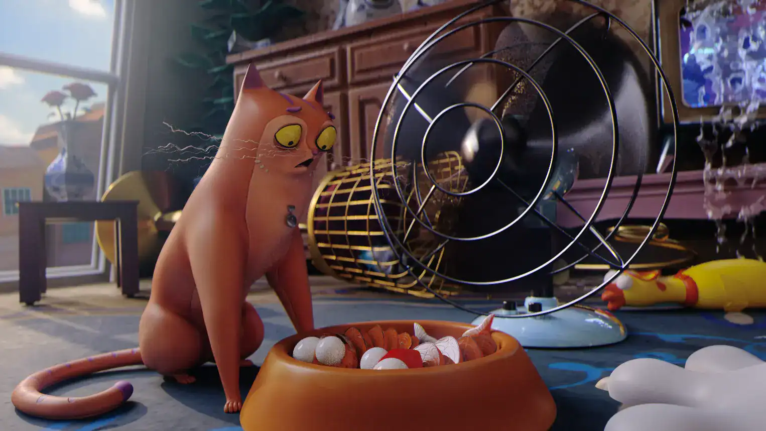 Playful cat sitting near a fan with scattered toys in a cozy living room.