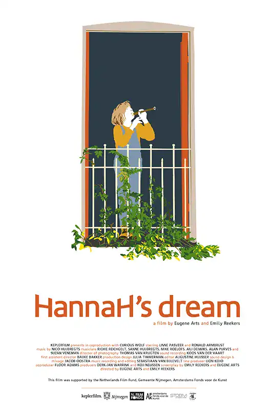 Hannah looking through a window with a telescope, surrounded by greenery.