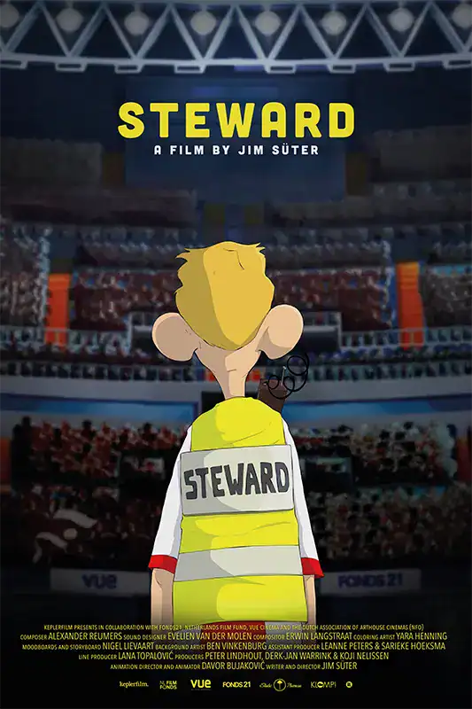 Steward documentary poster at a stadium with a cartoon steward character.