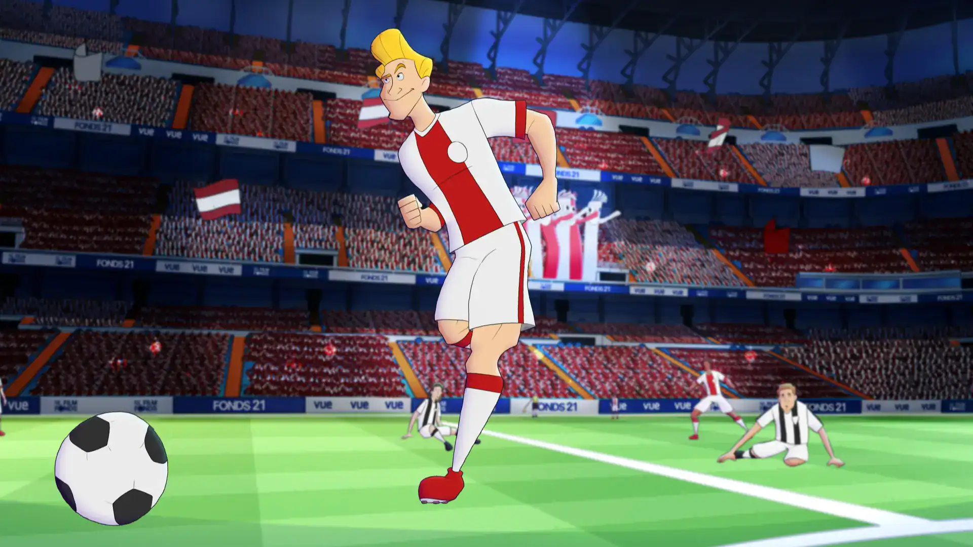 Animated soccer player kicking a ball in stadium for Keplerfilm project.