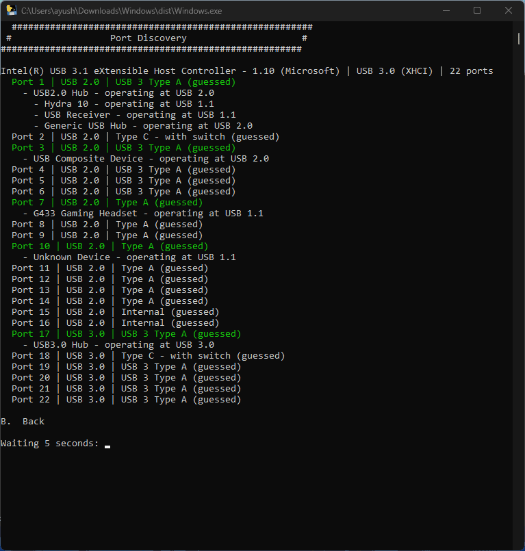 USB port discovery and identification with detailed driver info.