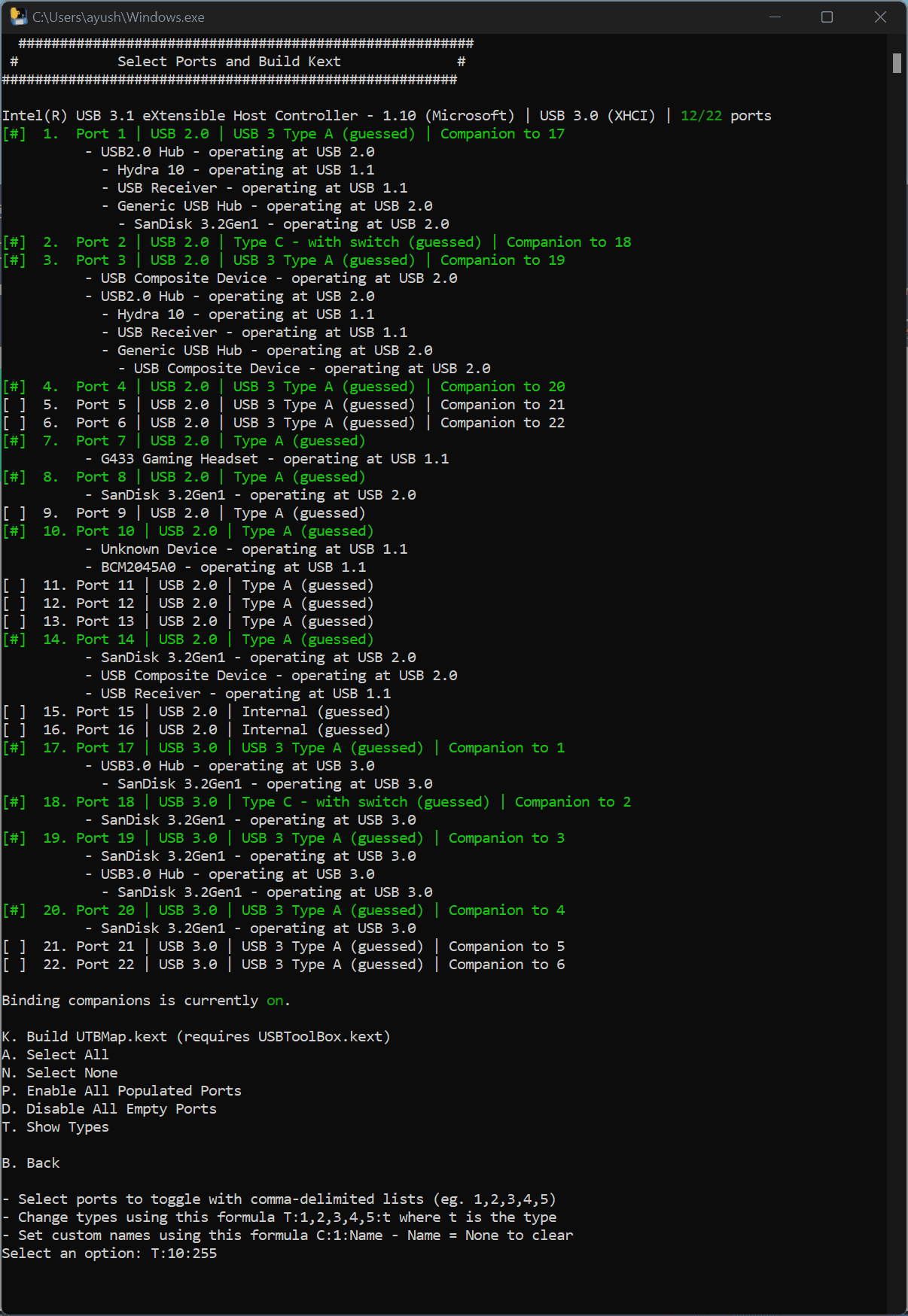 USB device management and port configuration tool screenshot.