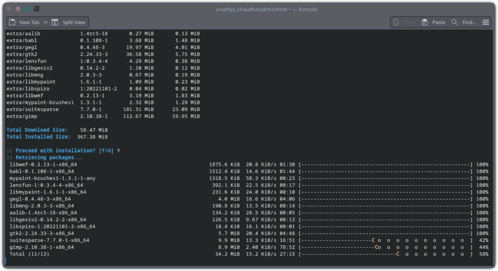 Kextcache utility interface displaying package sizes and installation progress.