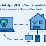Infographic showing how to set up a VPN to your home network with devices like a laptop, home router, server, and smartphone connected via secure VPN tunnel.