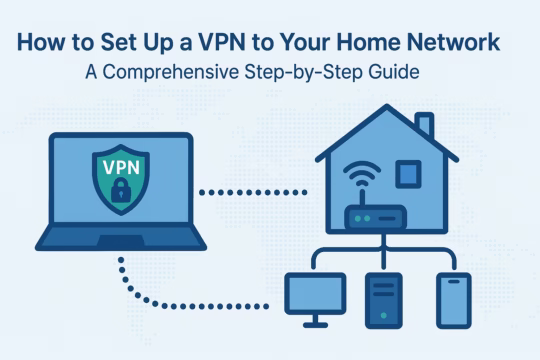 Infographic showing how to set up a VPN to your home network with devices like a laptop, home router, server, and smartphone connected via secure VPN tunnel.