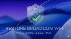 Network security shield with Wi-Fi icon and check mark for macOS.