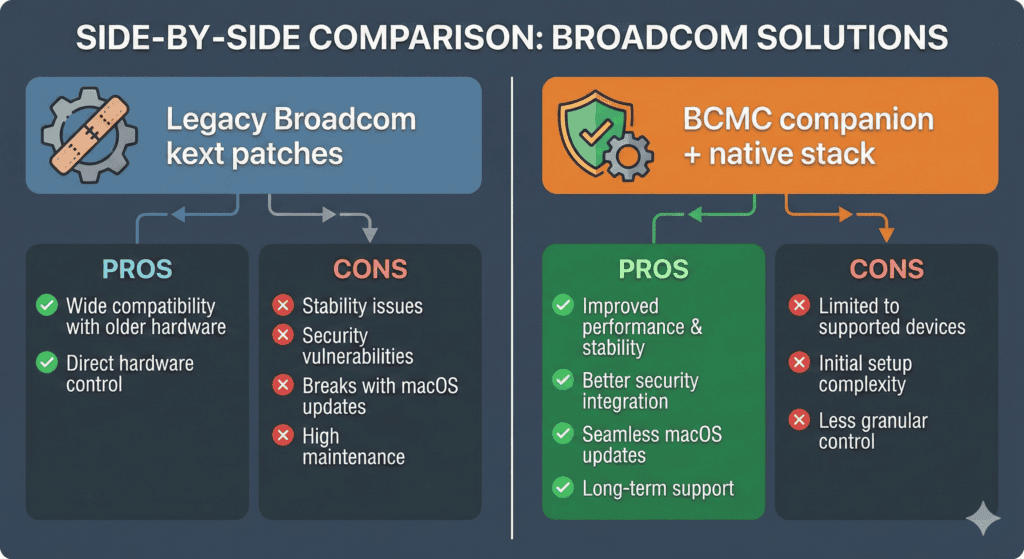 Comparison of old Broadcom Wi‑Fi patching and AppleBCMWLANCompanion approach
