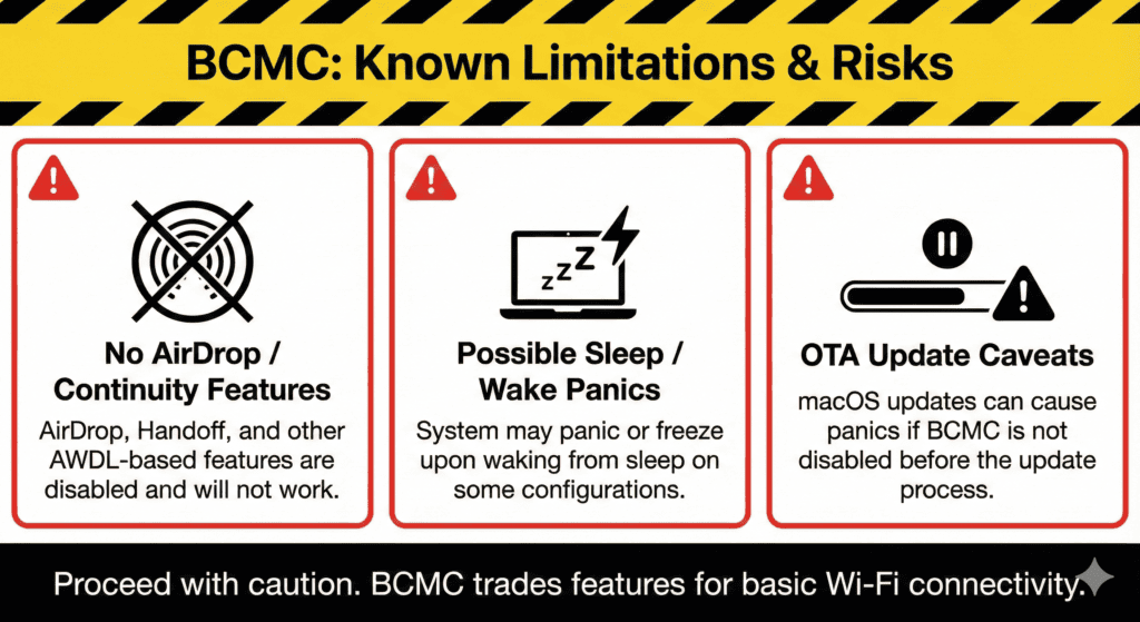 Visual summary of AppleBCMWLANCompanion limitations on AWDL, sleep, and OTA updates
