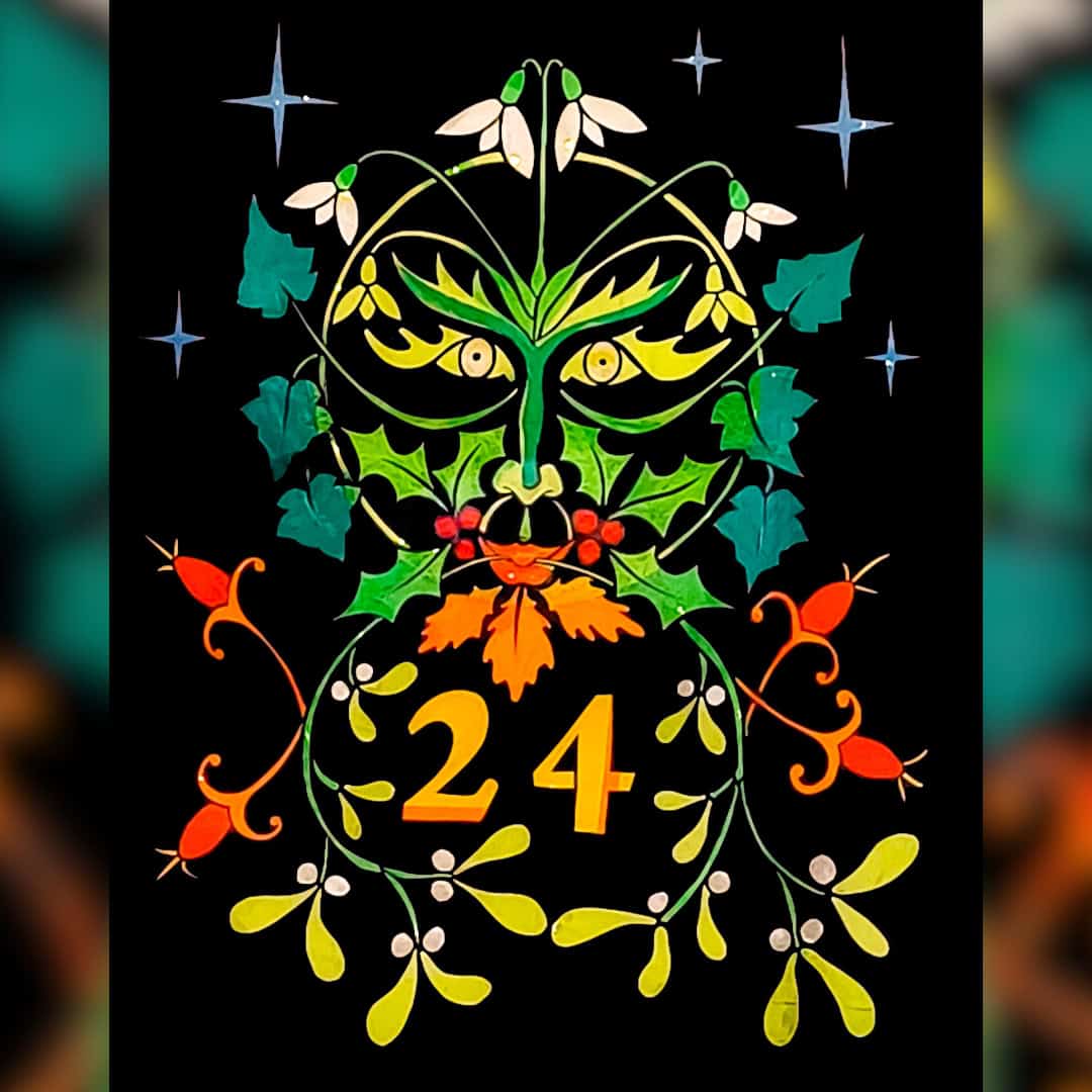 Black paper-cuts decorated with tissue paper. A face made out of winter foliage above the number 24.