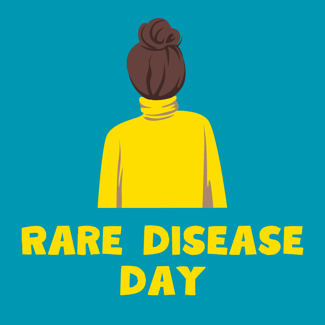 A woman with her back facing towards us. Underneath are the words, rare disease day