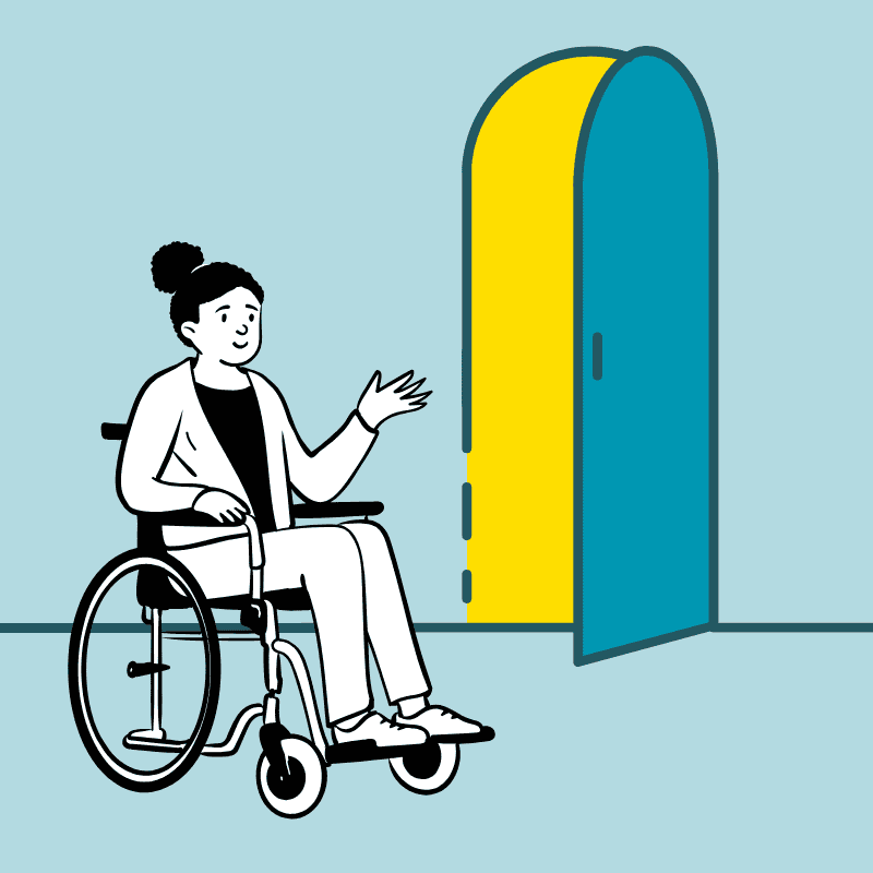 a smiling wheelchair user approaches an open door. Everything is blue, but the open door emits a welcome yellow light.