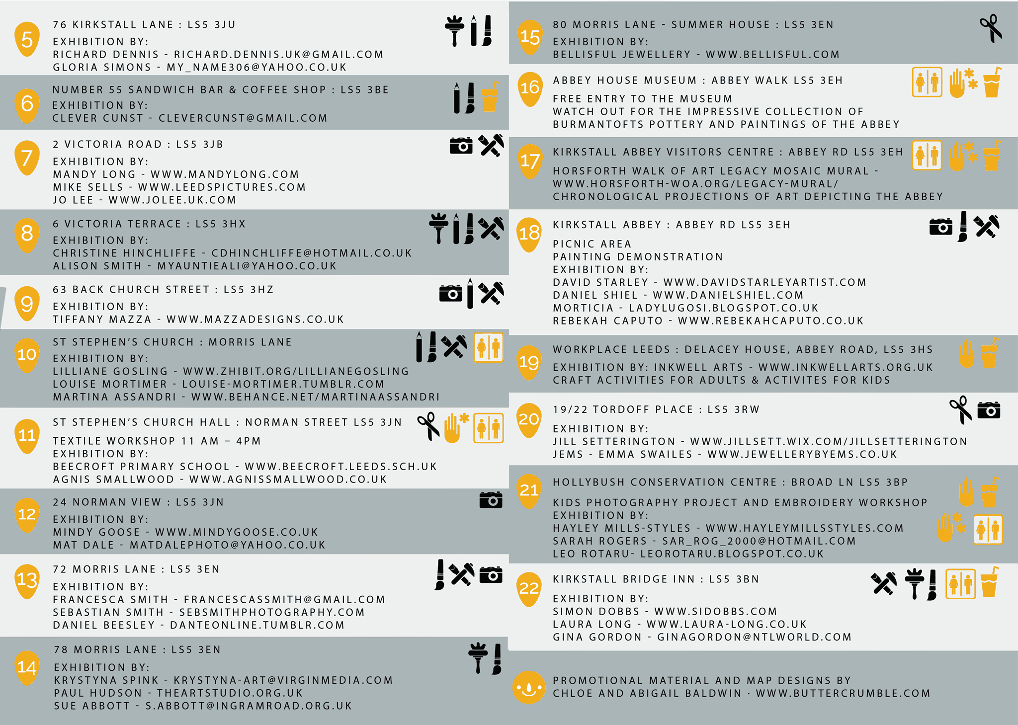 Second page of the Kirkstall Art Trail 2015 map, listing the artists
